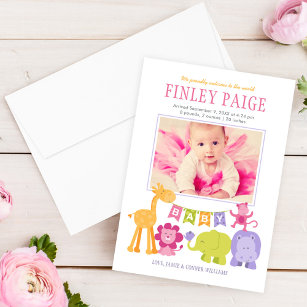 Cute Jungle Animals Baby Girl Pink Photo Birth Announcement