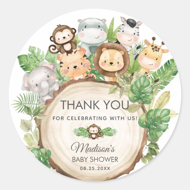 Cute Jungle Animals Baby Shower 1st Birthday Favou Classic Round Sticker (Front)
