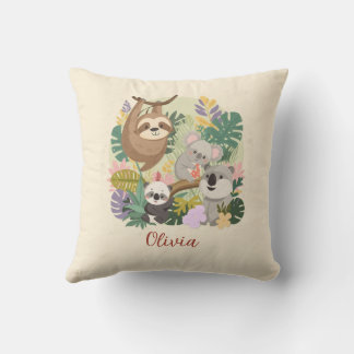 ​Cute Jungle Animals Floral Custom Name Throw pil Cushion