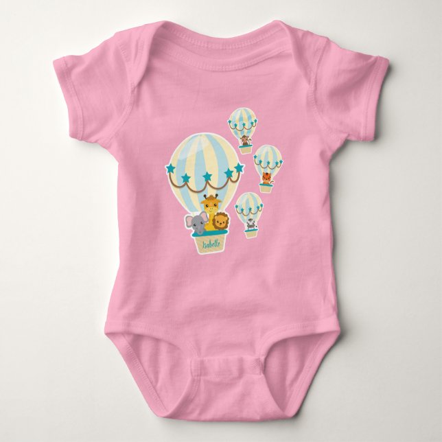 Cute Jungle Animals Flying in Hot Air Balloons Baby Bodysuit (Front)