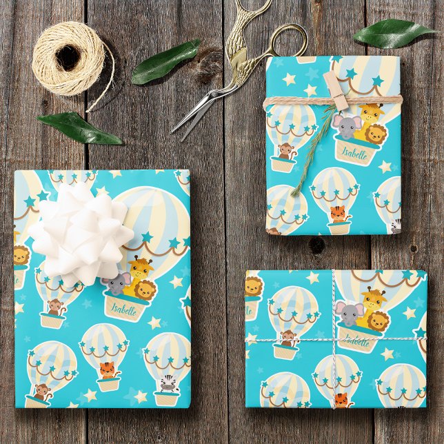 Cute Jungle Animals Flying in Hot Air Balloons Wrapping Paper Sheet (Creator Uploaded)