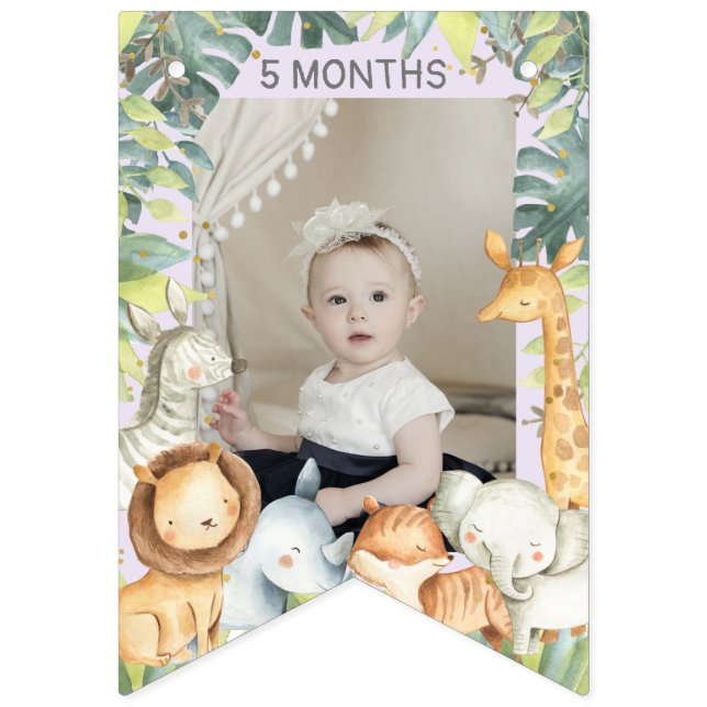 Cute jungle animals girl 1st birthday photo banner (First Flag)