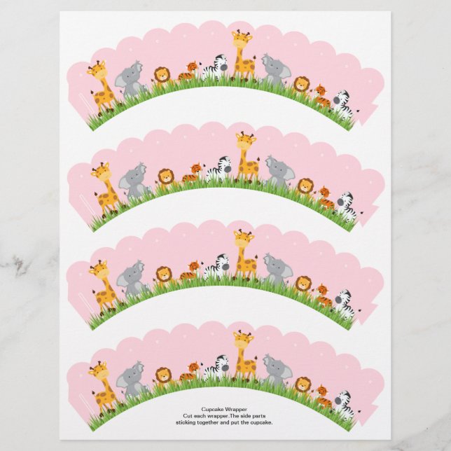 Cute Jungle Animals Girl Scalloped Cupcake Wrapper (Front)
