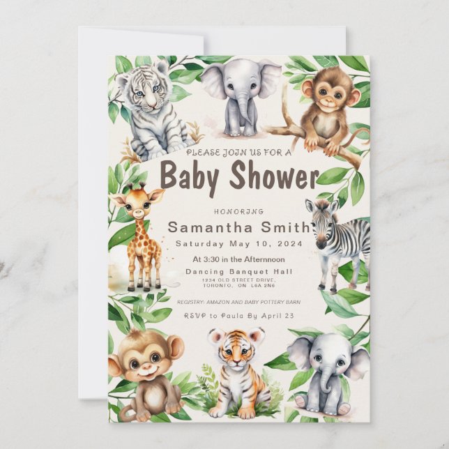 Cute Jungle Animals Greenery Baby Shover Invitation (Front)