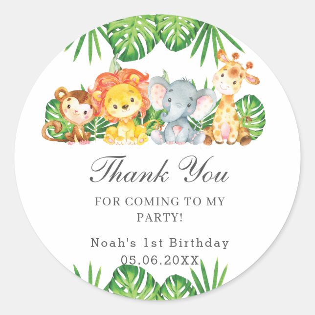 Cute Jungle Animals Greenery Baby Shower Birthday  Classic Round Sticker (Front)