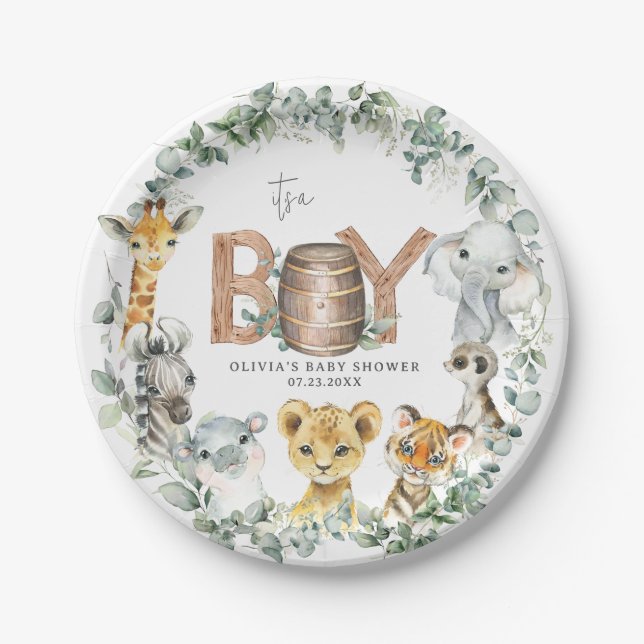 Cute Jungle Animals Greenery Boy Baby Shower  Paper Plate (Front)