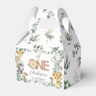 Cute Jungle Animals Greenery Boy Girl 1st Birthday Favour Box
