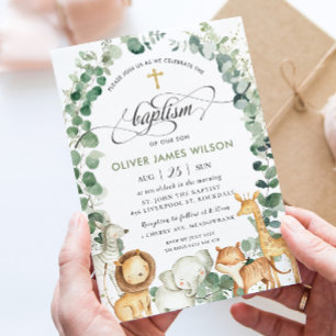 Cute Jungle Animals Greenery Christening Baptism   Invitation