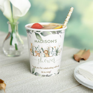 Cute Jungle Animals Greenery Neutral Baby Shower Paper Cups