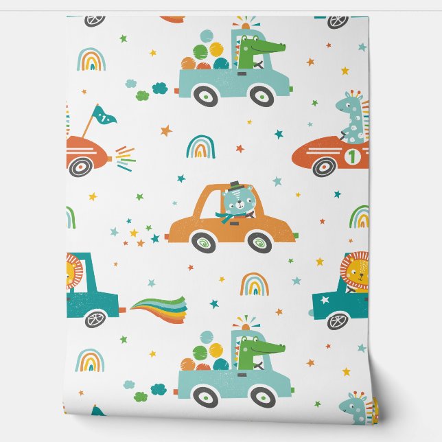 Cute Jungle Animals in Cars with rainbows Wallpaper (Unrolling)