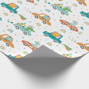 Cute Jungle Animals in Cars with rainbows Wrapping Paper