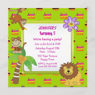 Cute Jungle Animals & Pink Cake Birthday Party Invitation
