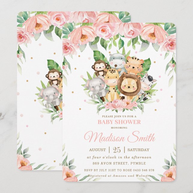 Cute Jungle Animals Safari Pink Floral Baby Shower Invitation (Front/Back)
