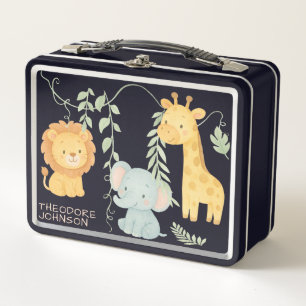 Cute Jungle Animals Safari Watercolor Metal Lunch Box