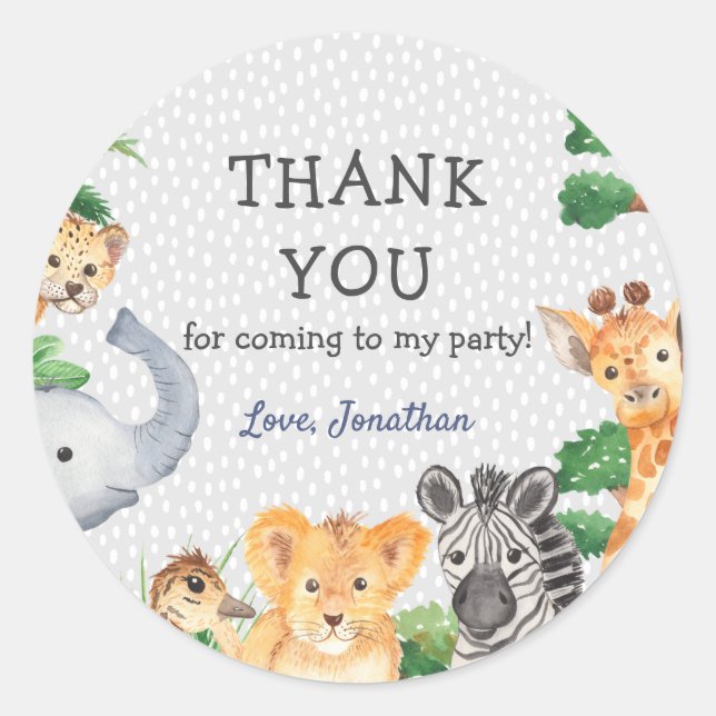 Cute Jungle Animals Thank You Birthday Party Favou Classic Round Sticker (Front)