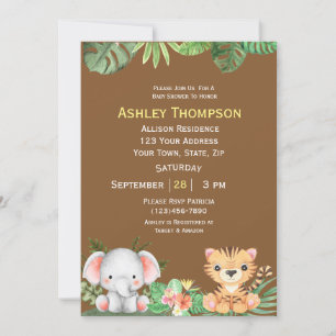 Cute Jungle Animals Tropical Flowers Baby Shower Invitation