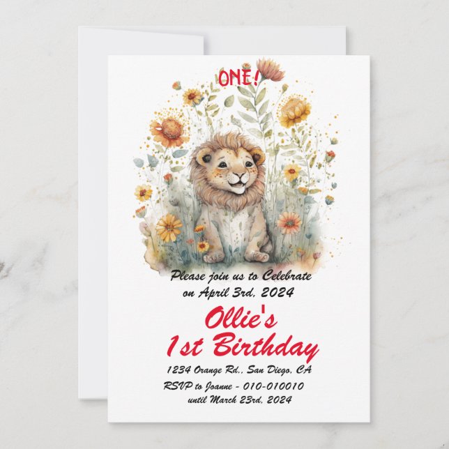 Cute Jungle Baby Lion 1st Birthday Party  Invitation (Front)