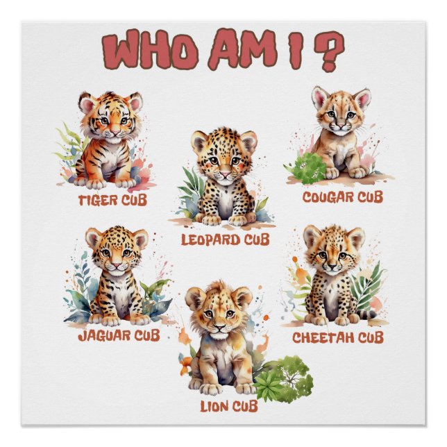 Cute jungle baby wild animals educational quiz poster (Front)