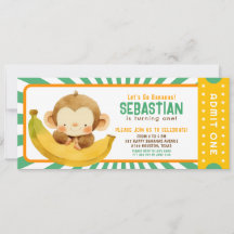 Cute Jungle Banana Monkey Kids Birthday Ticket