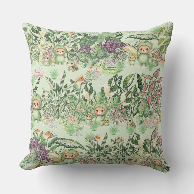 Cute Jungle Bear and Tropical  Seamless Pattern Cushion (Front)