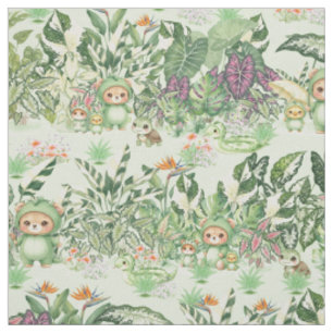 Cute Jungle Bear and Tropical Seamless Pattern Fabric