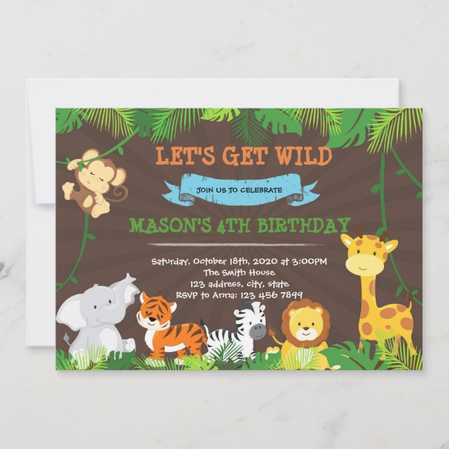 Cute jungle birthday party invitation (Front)