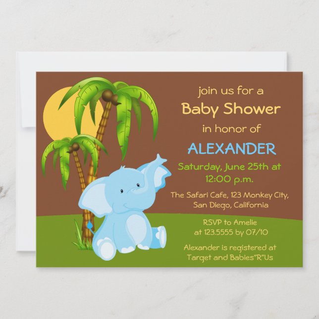 Cute Jungle Elephant Boy Baby Shower Invitation (Front)