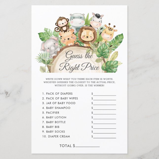 Cute Jungle Guess the Right Price Baby Shower Game (Front)