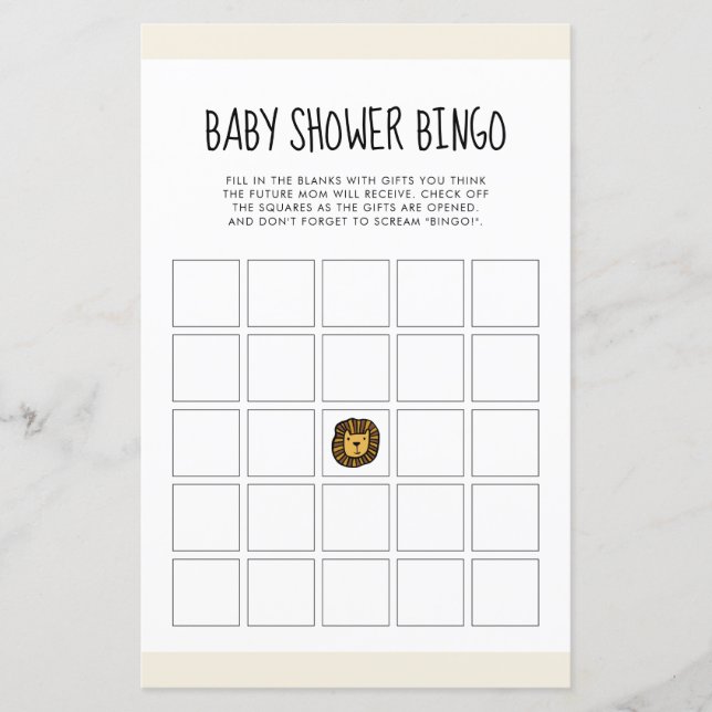 Cute jungle lion Baby shower Bingo game (Front)