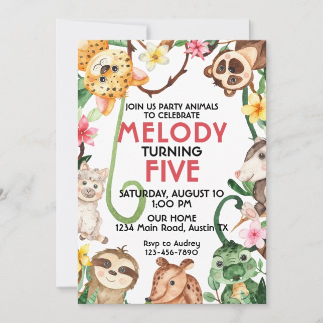 Cute Jungle Party Animlas Birthday Invitation (Front)