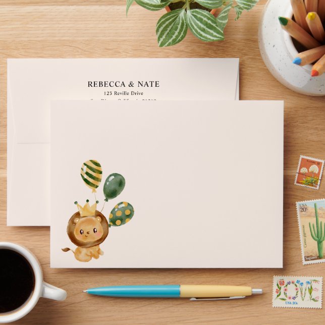 Cute Jungle Party Lion Balloons 5x7 Card Envelope (Desk)