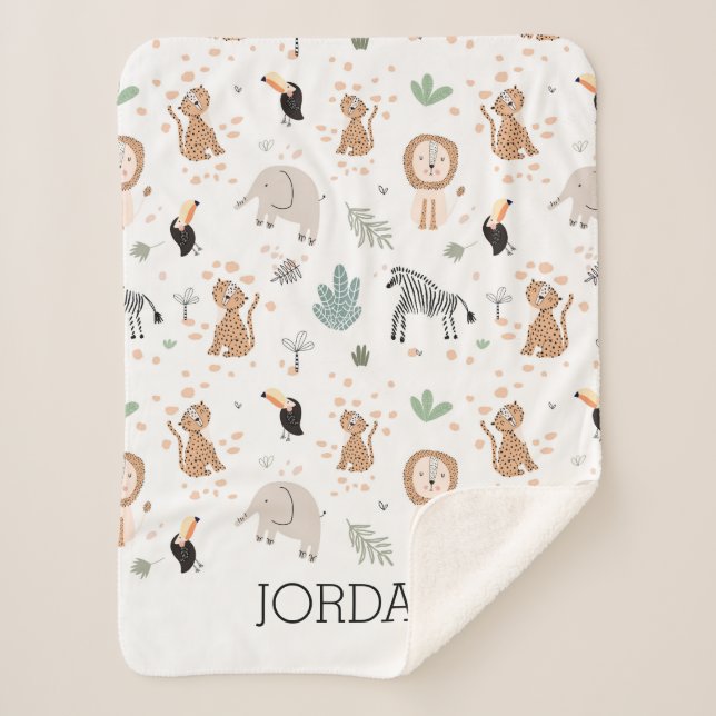 Cute Jungle Rainforest Animals Pattern Sherpa Blanket (Front)
