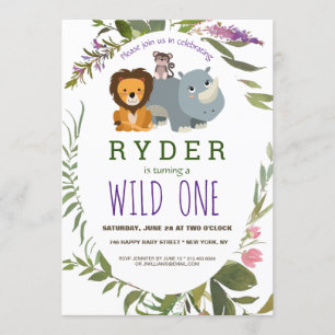 Cute Jungle Safari Animal 1st Birthday Party Invitation