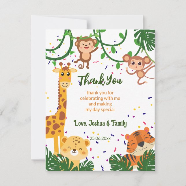 Cute jungle safari animal party thank you card (Front)