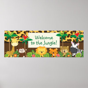 Cute Jungle Safari Animals Baby Shower Banner Poster