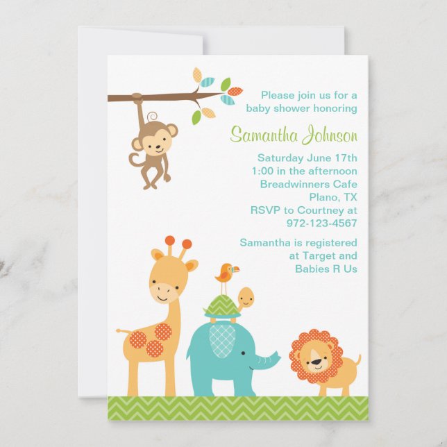 Cute Jungle Safari Animals Baby Shower Invitation (Front)