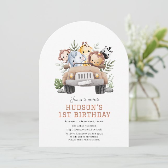 Cute Jungle Safari animals birthday invitation (Standing Front)