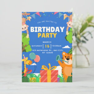 Cute Jungle Safari Animals Blue Birthday Party  Invitation