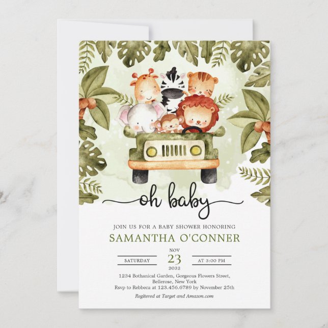 Cute jungle safari animals driving a truck oh baby invitation (Front)