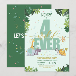Cute Jungle Safari Animals Four Ever Wild Birthday Invitation