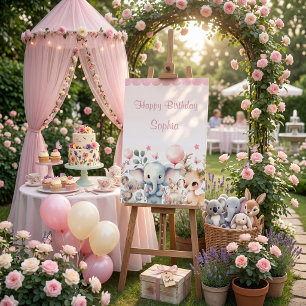 Cute Jungle Safari Animals Girl Birthday Welcome Poster