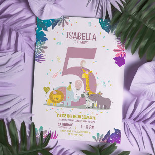 Cute Jungle Safari Animals Girls Birthday Invitation