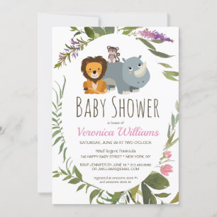 Cute Jungle Safari Animals Pink Baby Shower Invitation