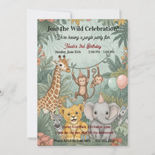 Cute Jungle Safari Animals Wild One 3rd Birthday  Invitation
