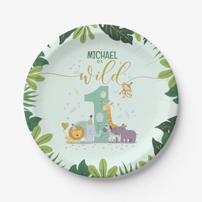Cute Jungle Safari Animals Wild One Birthday Paper Plate (Front)