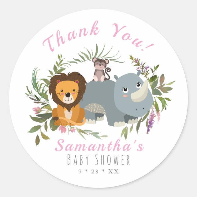 Cute Jungle Safari Baby Shower Thank You Classic Round Sticker (Front)