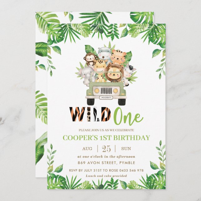 Cute Jungle Safari Car Greenery Birthday Wild One Invitation (Front/Back)