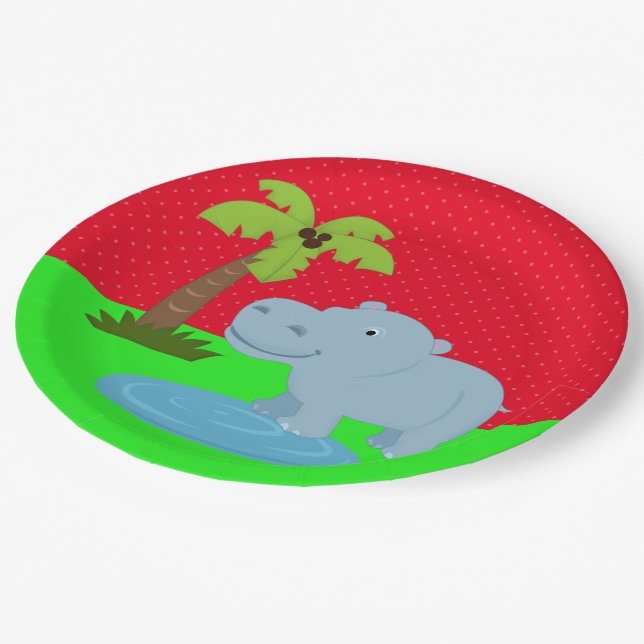 Cute jungle safari hippo paper plate (Angled)