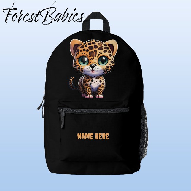 Cute Jungle Safari Leopard Kid Cartoon Graphic Printed Backpack (Leopard, Black Customizable ForestBabies Backpack - Front)