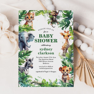 Cute Jungle Safari Tropical Animals Baby Shower Invitation